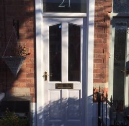 New door and frame.  Frame in softwood with curved top and sand blasted glass with house number engraved.  Door in hardwood: Click Here To View Larger Image