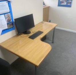 Purpose made Oak veneered desktop with chrome legs and solid oak edging: Click Here To View Larger Image