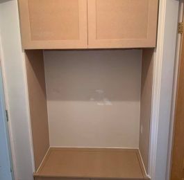 Purpose made fitted storage units.  Insides manufactured from white melamine faced MDF and doors, drawers etc manufactured from MDF: Click Here To View Larger Image