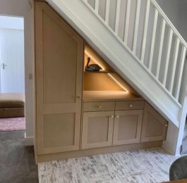 Purpose made understairs units.  Units manufactured from white melamine faced MDF and shaker style doors also manufactured from MDF.  LED lighting : Click Here To View Larger Image
