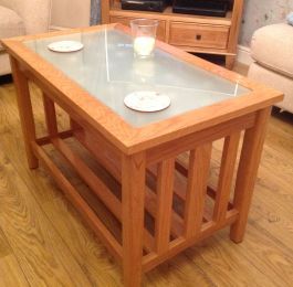 Solid Oak Coffee Table with coloured glass.: Click Here To View Larger Image
